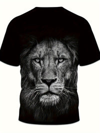 Men'S 3D Lion Graphic T-Shirt - Casual Black Short Sleeve Tee with Realistic Lion Print, All-Season Comfort, Mesh Fabric, Adult Fit, Outdoor Clothing | Realistic Print Shirt | Mesh Fabric Top, Lion Print Shirt