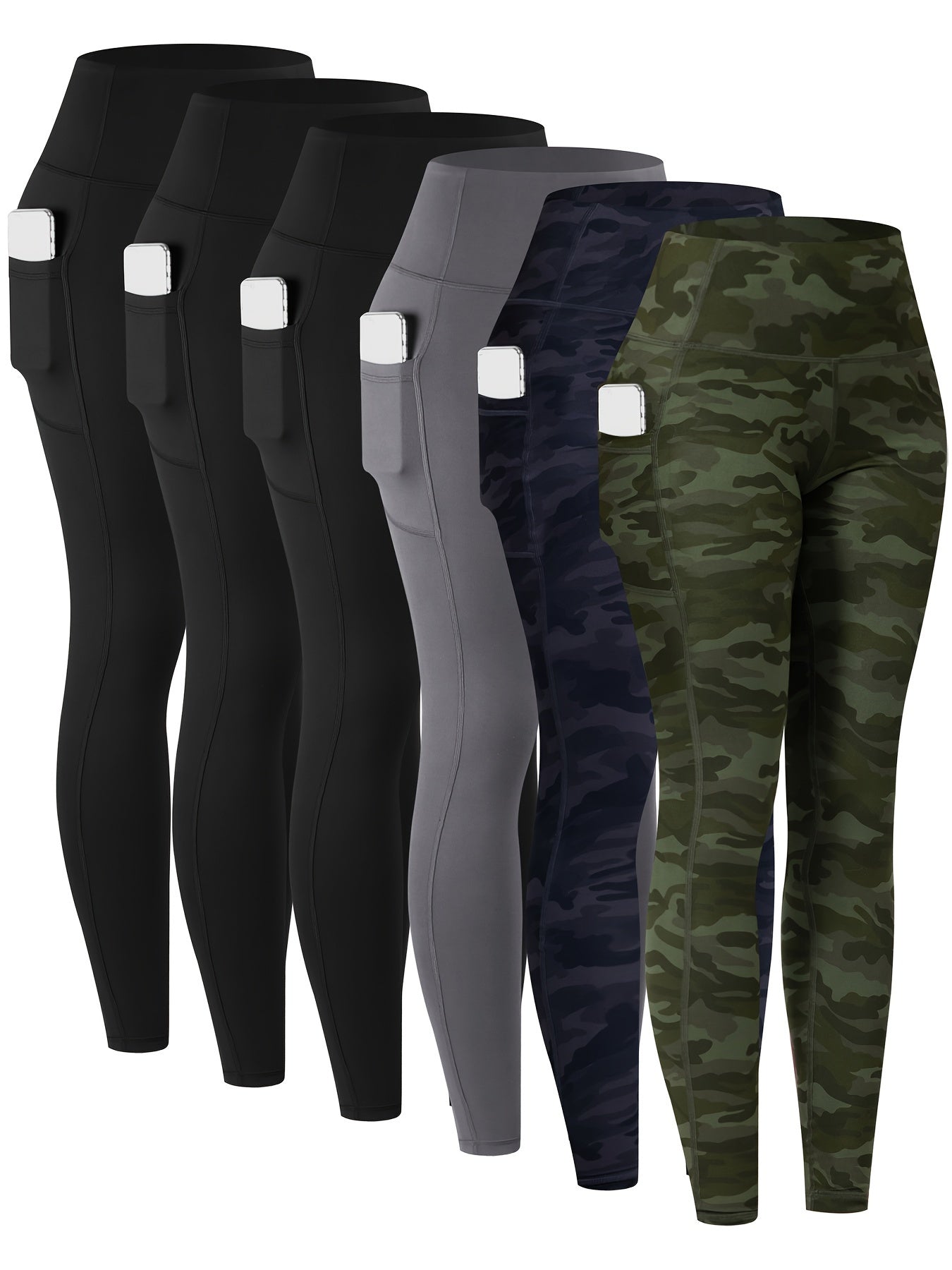 6pcs Women's High-Waisted Leggings - Non-See-Through Pants with Side Pockets, Stretchy All-Season & Casual Pants, Machine Washable Everyday Pants for Women, Leggings for Women, Leggings with Pockets, Womens Leggings, Women Le