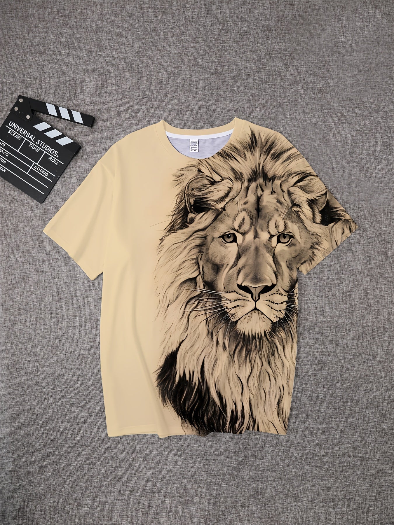 Men's Bold Lion 3D Print T-Shirt - Oversized, Short Sleeve, Crew Neck Tee with Asymmetrical Design - Novelty Polyester Top