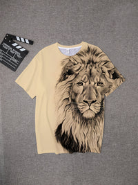 Men's Bold Lion 3D Print T-Shirt - Oversized, Short Sleeve, Crew Neck Tee with Asymmetrical Design - Novelty Polyester Top