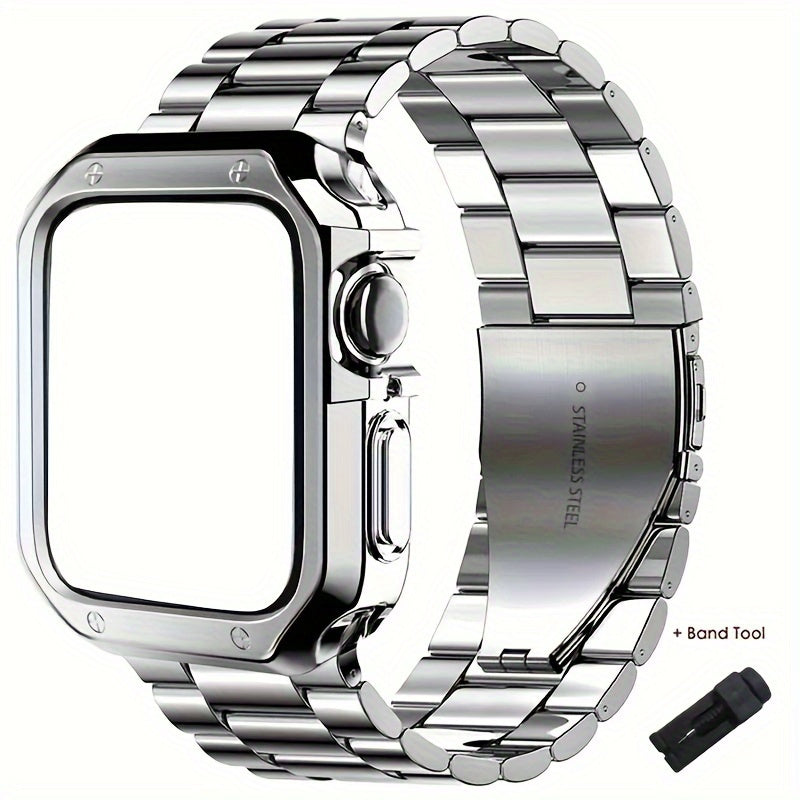 Stainless Steel Metal Strap for Apple Watch Series 10 9 8 7 6 5 4 3 2 1 SE Ultra 38/ 40/ 41/ 42/ 45/ 49 Mm And 42/ 46 Mm with TPU Case And Chain Adjustment Tool Set