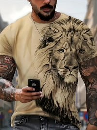 Men's Bold Lion 3D Print T-Shirt - Oversized, Short Sleeve, Crew Neck Tee with Asymmetrical Design - Novelty Polyester Top