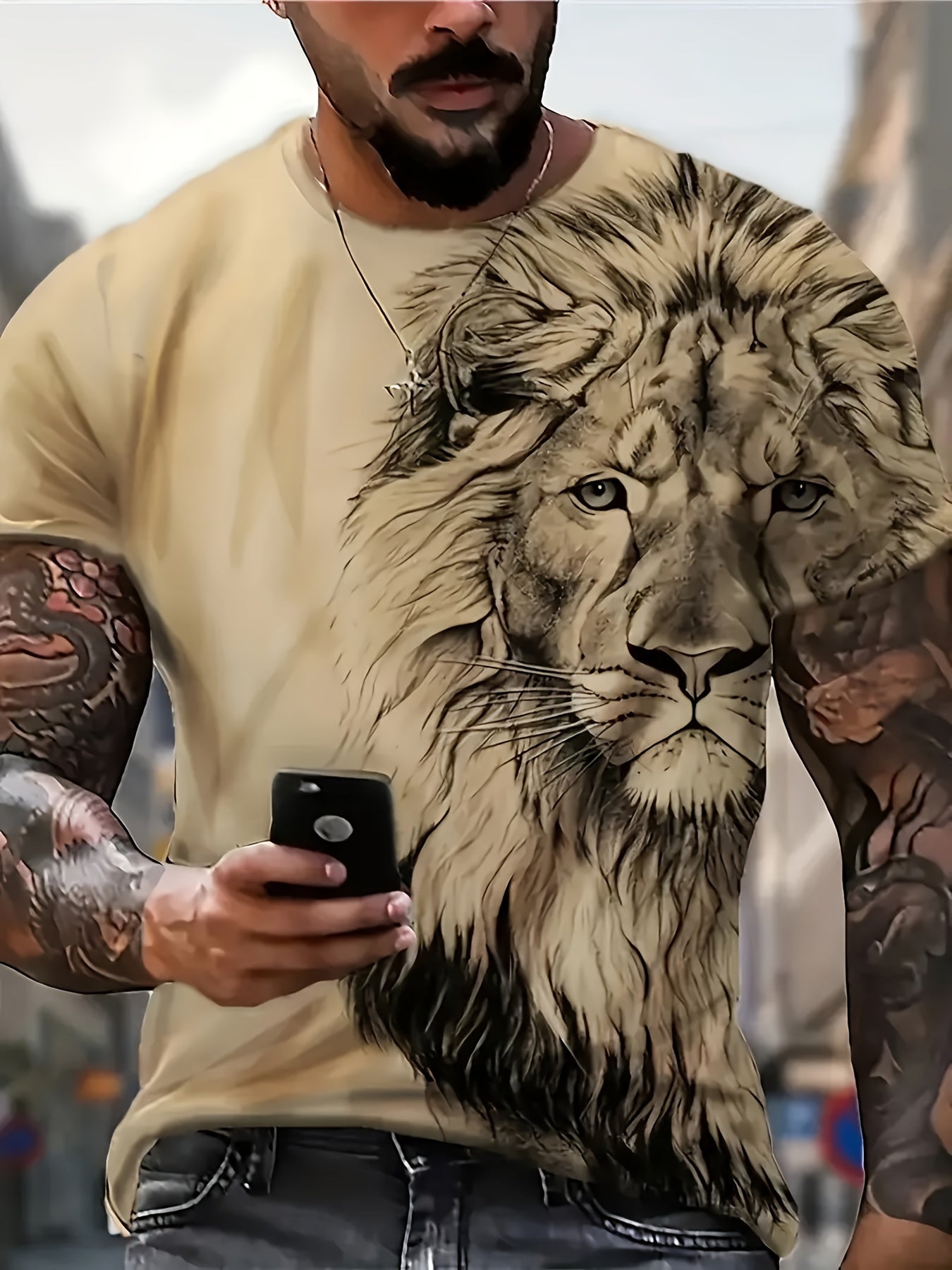 Men's Bold Lion 3D Print T-Shirt - Oversized, Short Sleeve, Crew Neck Tee with Asymmetrical Design - Novelty Polyester Top