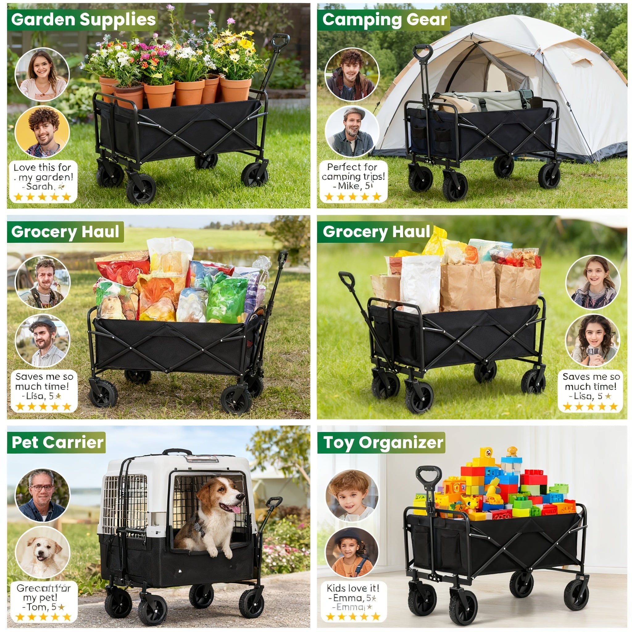 220/450/680 lb Capacity Heavy-Duty All-Terrain Folding Cart - Steel Frame and 600D Oxford Fabric, Camping, Gardening, Beach, Shopping Foldable Utility Cart - No Assembly Required, Black, Garden Tool Carrier, Sturdy Handle Des