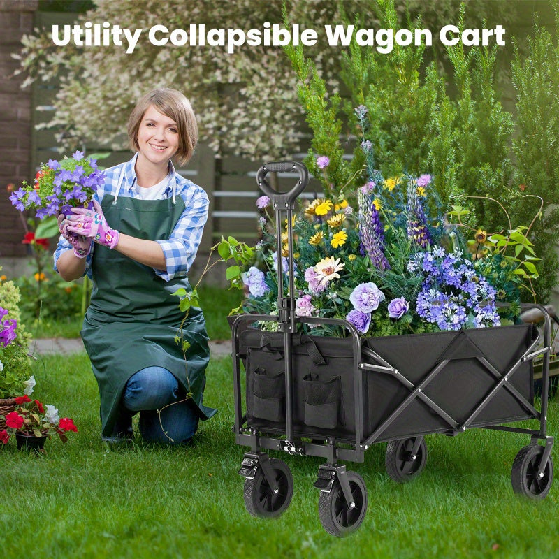 220/450/680 lb Capacity Heavy-Duty All-Terrain Folding Cart - Steel Frame and 600D Oxford Fabric, Camping, Gardening, Beach, Shopping Foldable Utility Cart - No Assembly Required, Black, Garden Tool Carrier, Sturdy Handle Des