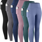 6pcs Women's High-Waisted Leggings - Non-See-Through Pants with Side Pockets, Stretchy All-Season & Casual Pants, Machine Washable Everyday Pants for Women, Leggings for Women, Leggings with Pockets, Womens Leggings, Women Le