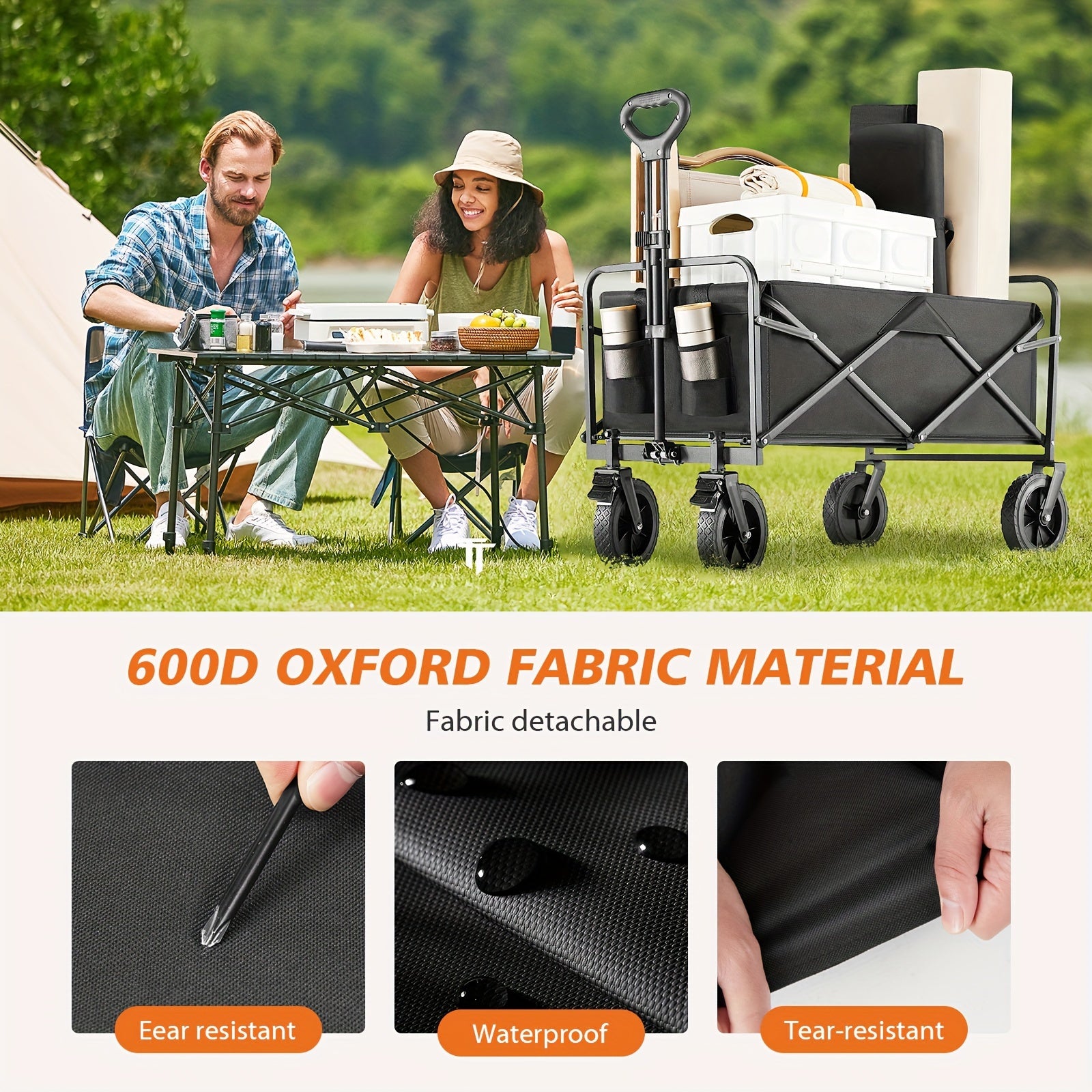 220/450/680 lb Capacity Heavy-Duty All-Terrain Folding Cart - Steel Frame and 600D Oxford Fabric, Camping, Gardening, Beach, Shopping Foldable Utility Cart - No Assembly Required, Black, Garden Tool Carrier, Sturdy Handle Des