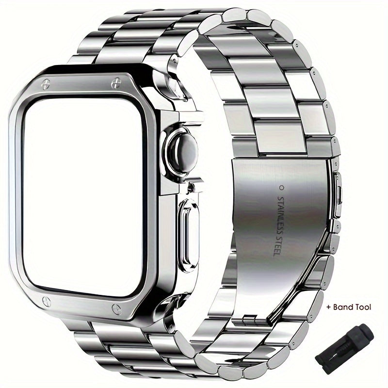 Stainless Steel Metal Strap for Apple Watch Series 10 9 8 7 6 5 4 3 2 1 SE Ultra 38/ 40/ 41/ 42/ 45/ 49 Mm And 42/ 46 Mm with TPU Case And Chain Adjustment Tool Set