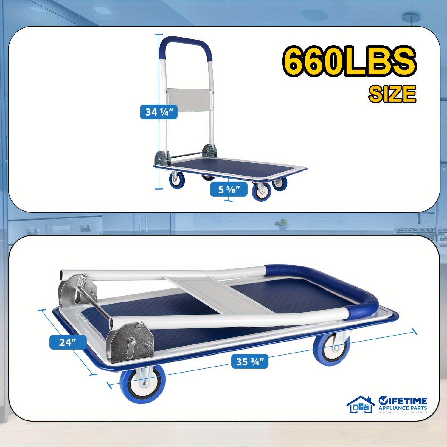 Upgraded Home Large Foldable Push Cart Dolly 330 Lbs/660 Lbs Capacity Moving Platform Hand Truck Heavy Duty Space Saving Collapsible Swivel Push Handle Flat Bed Wagon Blue White/Black Yellow