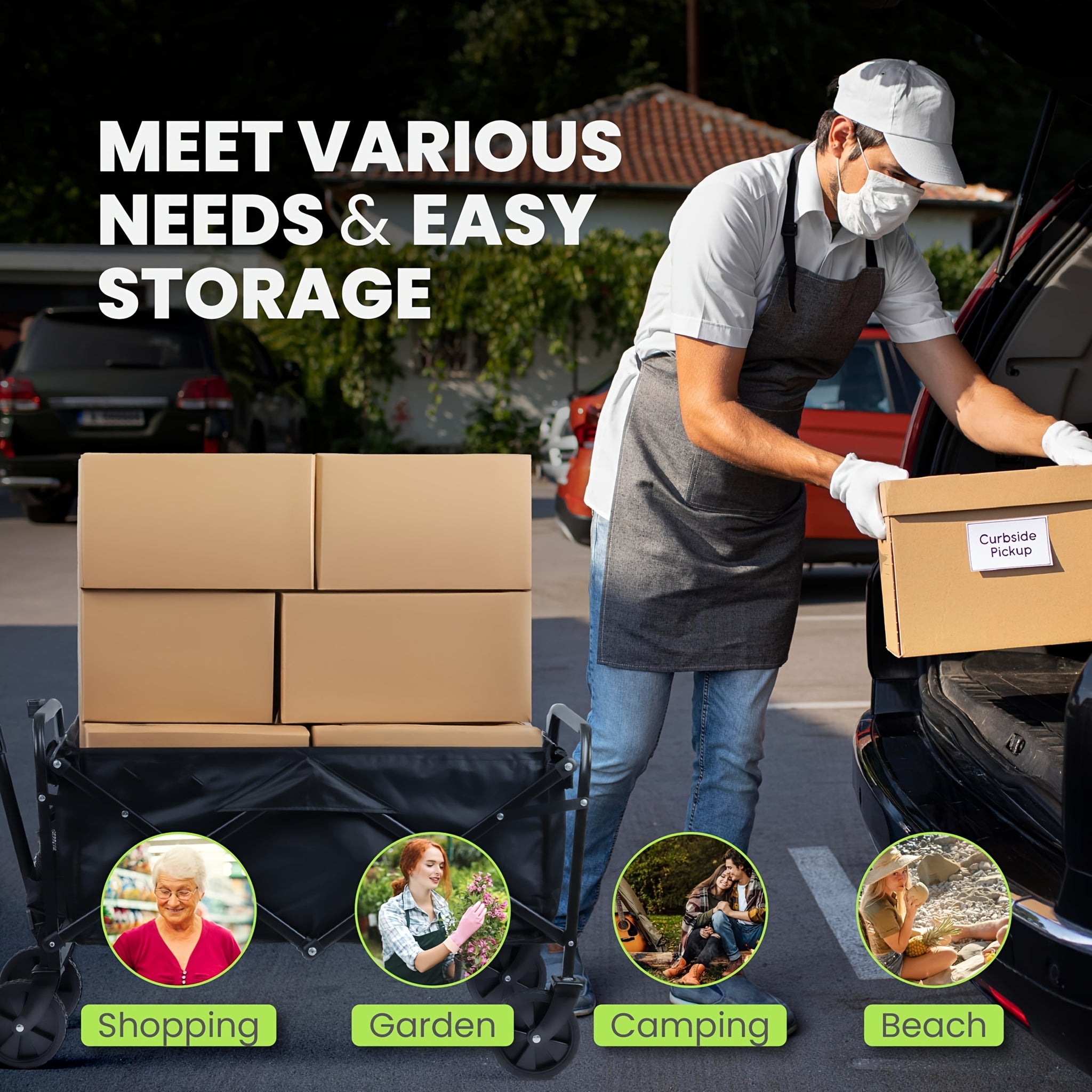 220/450/680 lb Capacity Heavy-Duty All-Terrain Folding Cart - Steel Frame and 600D Oxford Fabric, Camping, Gardening, Beach, Shopping Foldable Utility Cart - No Assembly Required, Black, Garden Tool Carrier, Sturdy Handle Des