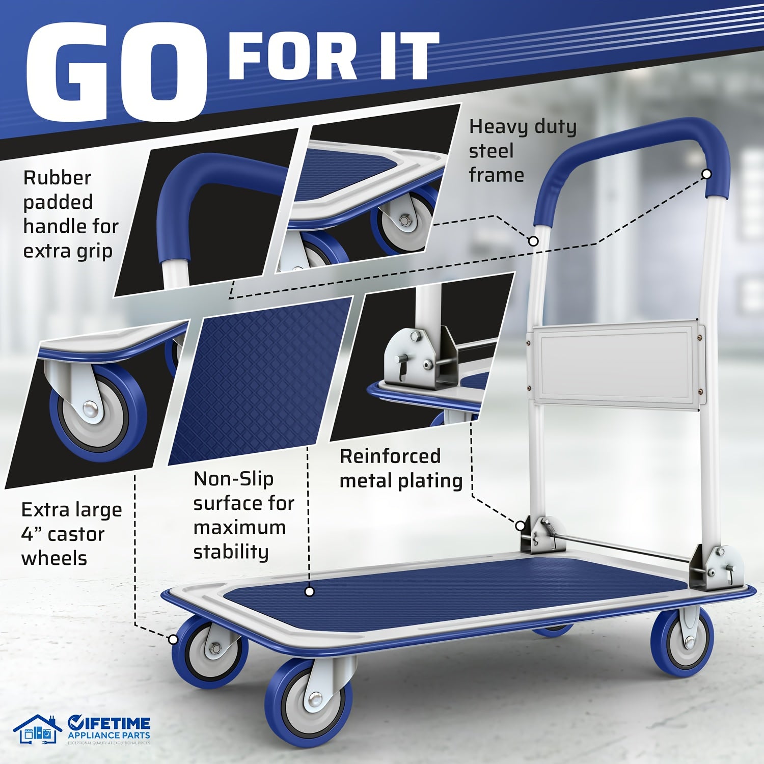 Upgraded Home Large Foldable Push Cart Dolly 330 Lbs/660 Lbs Capacity Moving Platform Hand Truck Heavy Duty Space Saving Collapsible Swivel Push Handle Flat Bed Wagon Blue White/Black Yellow