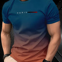 [Gradient Print T-Shirt] Summer Gradient Print Men's T-Shirt | 3D Digital Ombre Blue to Peach Design, Breathable Round Neck Regular Fit, Machine Washable