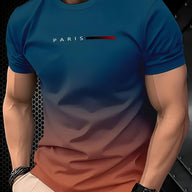 [Gradient Print T-Shirt] Summer Gradient Print Men's T-Shirt | 3D Digital Ombre Blue to Peach Design, Breathable Round Neck Regular Fit, Machine Washable