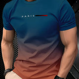 [Gradient Print T-Shirt] Summer Gradient Print Men's T-Shirt | 3D Digital Ombre Blue to Peach Design, Breathable Round Neck Regular Fit, Machine Washable