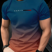 [Gradient Print T-Shirt] Summer Gradient Print Men's T-Shirt | 3D Digital Ombre Blue to Peach Design, Breathable Round Neck Regular Fit, Machine Washable