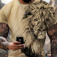 Men's Bold Lion 3D Print T-Shirt - Oversized, Short Sleeve, Crew Neck Tee with Asymmetrical Design - Novelty Polyester Top