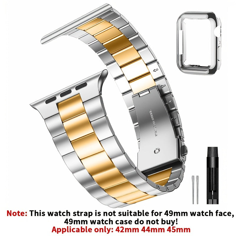 Casman Gold-Plated Stainless Steel Smartwatch Bands with Case Cover, Foldover Clasp, Compatible with Apple Watch Series, Ultra & iWatch 49mm/45mm/44mm/42mm/38mm/40mm/41mm - Non-Water Resistant