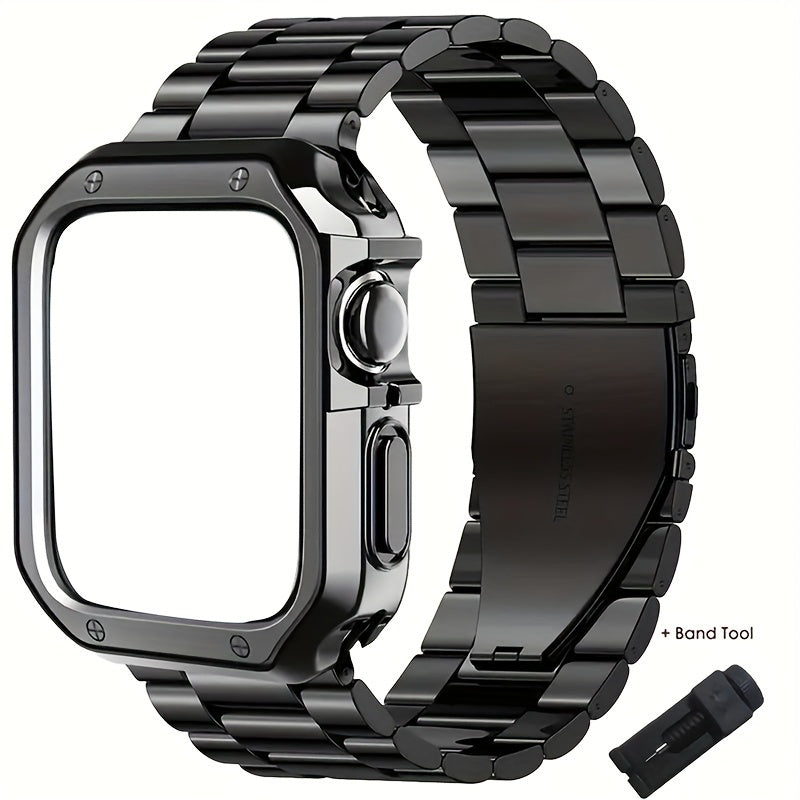 Stainless Steel Metal Strap for Apple Watch Series 10 9 8 7 6 5 4 3 2 1 SE Ultra 38/ 40/ 41/ 42/ 45/ 49 Mm And 42/ 46 Mm with TPU Case And Chain Adjustment Tool Set