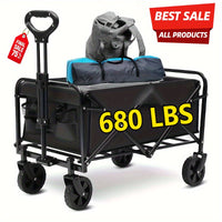 220/450/680 lb Capacity Heavy-Duty All-Terrain Folding Cart - Steel Frame and 600D Oxford Fabric, Camping, Gardening, Beach, Shopping Foldable Utility Cart - No Assembly Required, Black, Garden Tool Carrier, Sturdy Handle Des