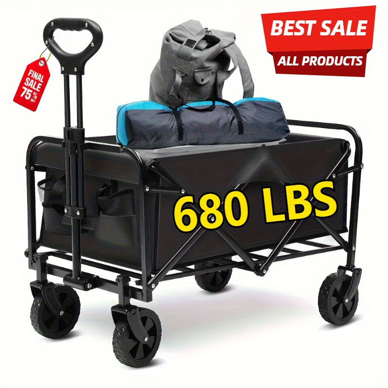 220/450/680 lb Capacity Heavy-Duty All-Terrain Folding Cart - Steel Frame and 600D Oxford Fabric, Camping, Gardening, Beach, Shopping Foldable Utility Cart - No Assembly Required, Black, Garden Tool Carrier, Sturdy Handle Des