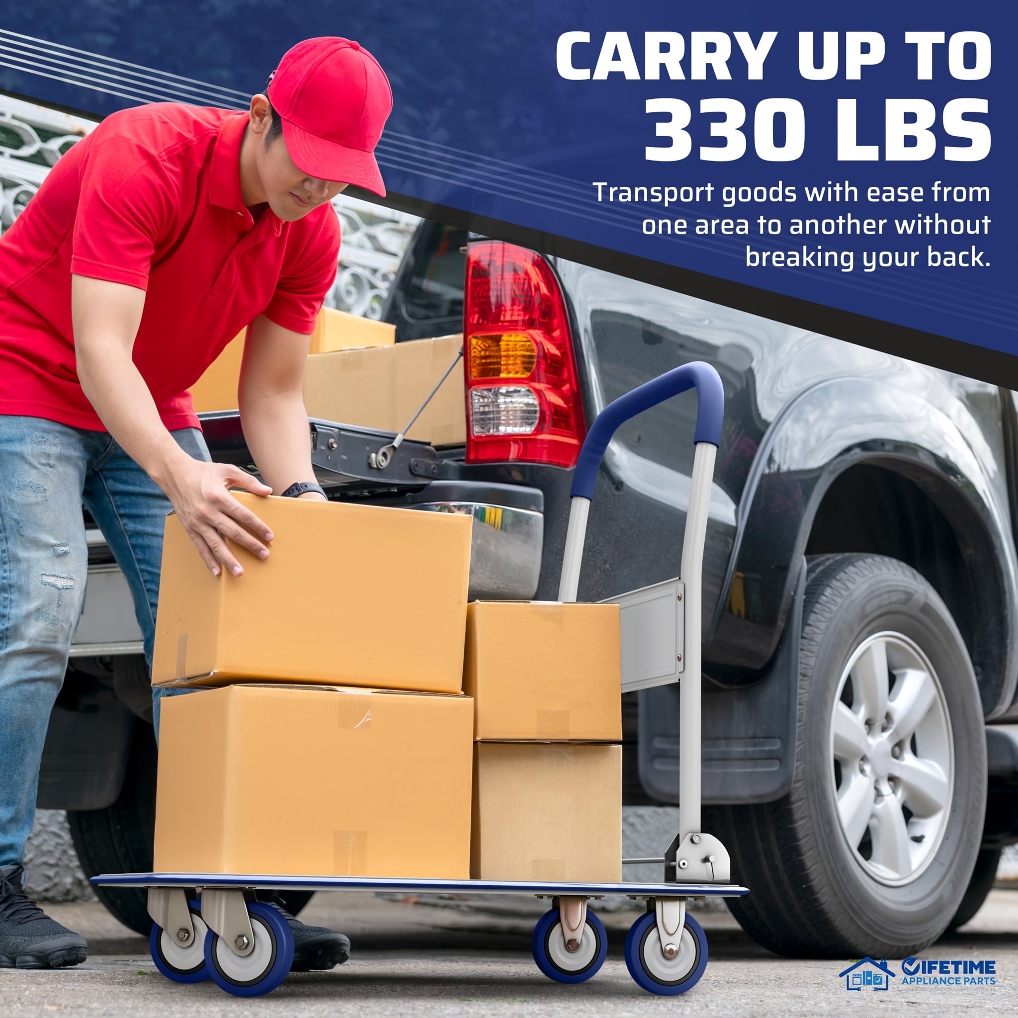 Upgraded Home Large Foldable Push Cart Dolly 330 Lbs/660 Lbs Capacity Moving Platform Hand Truck Heavy Duty Space Saving Collapsible Swivel Push Handle Flat Bed Wagon Blue White/Black Yellow