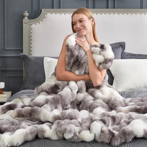 Cozy Bliss Faux Fur Throw Blanket for Couch, Fuzzy Soft Plush Thick Bubble Blanket for Sofa Bedroom Living Room, 60 * 80 Inches Tie-dye Taupe