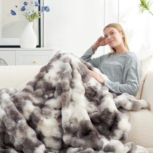 Cozy Bliss Faux Fur Throw Blanket for Couch, Fuzzy Soft Plush Thick Bubble Blanket for Sofa Bedroom Living Room, 60 * 80 Inches Tie-dye Taupe