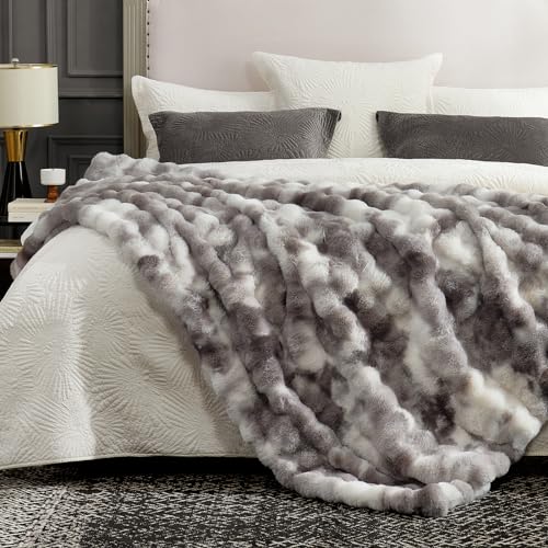 Cozy Bliss Faux Fur Throw Blanket for Couch, Fuzzy Soft Plush Thick Bubble Blanket for Sofa Bedroom Living Room, 60 * 80 Inches Tie-dye Taupe