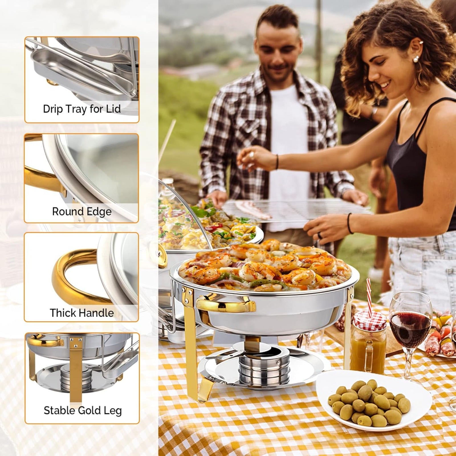 Meiffer 6-piece 2/4/6/8 piece set commercial 304 stainless steel rolling heat-resistant tray set - NSF stainless steel countertop system, only includes food trays, water trays and fuel storage containers, only for cooking