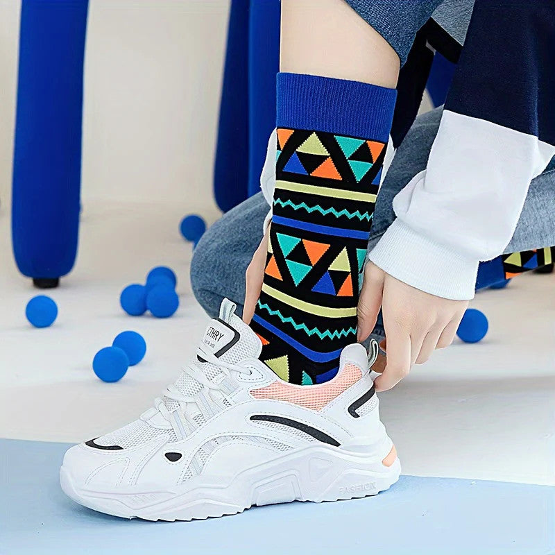 6 Pairs Unisex Men Cotton Socks Funny Geometric Trendy Socks Personality And