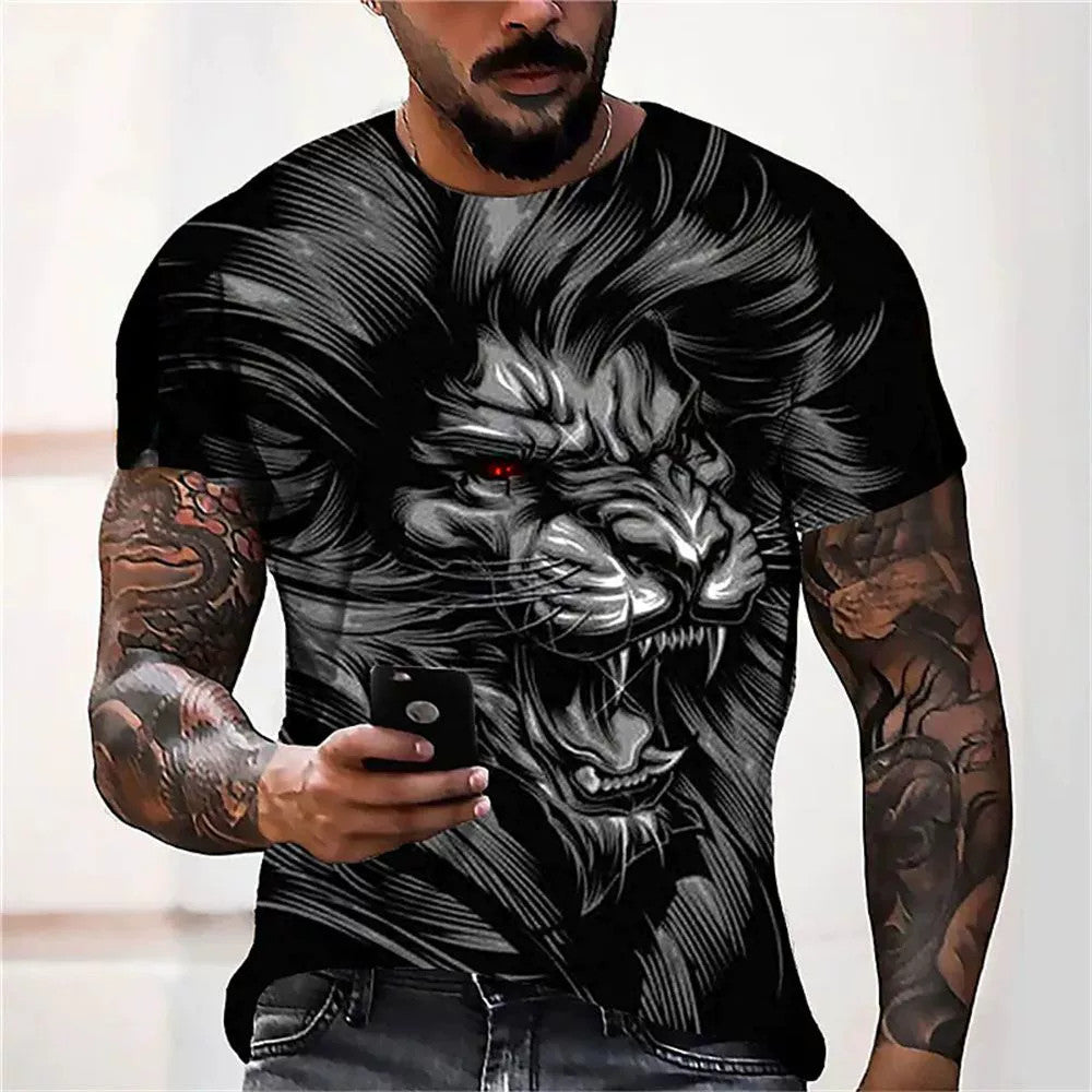 Men's Bold Lion 3D Print T-Shirt - Oversized, Short Sleeve, Crew Neck Tee with