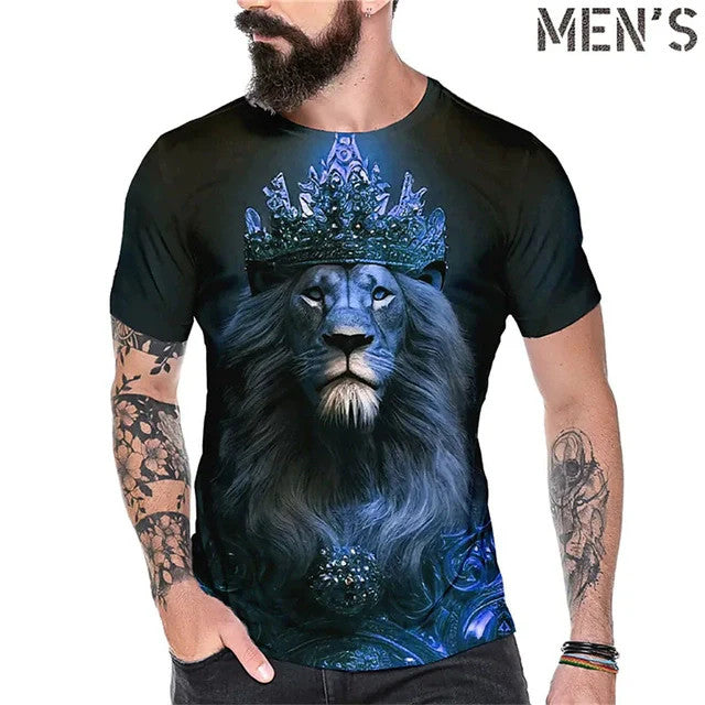 Men's Bold Lion 3D Print T-Shirt - Oversized, Short Sleeve, Crew Neck Tee with
