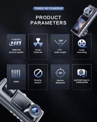 1080P Triple-Camera Dash Cam with IR Night Vision, Loop Recording & 2'' IPS