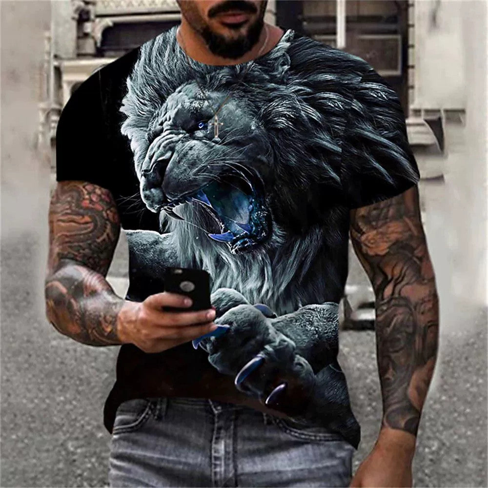 Men's Bold Lion 3D Print T-Shirt - Oversized, Short Sleeve, Crew Neck Tee with