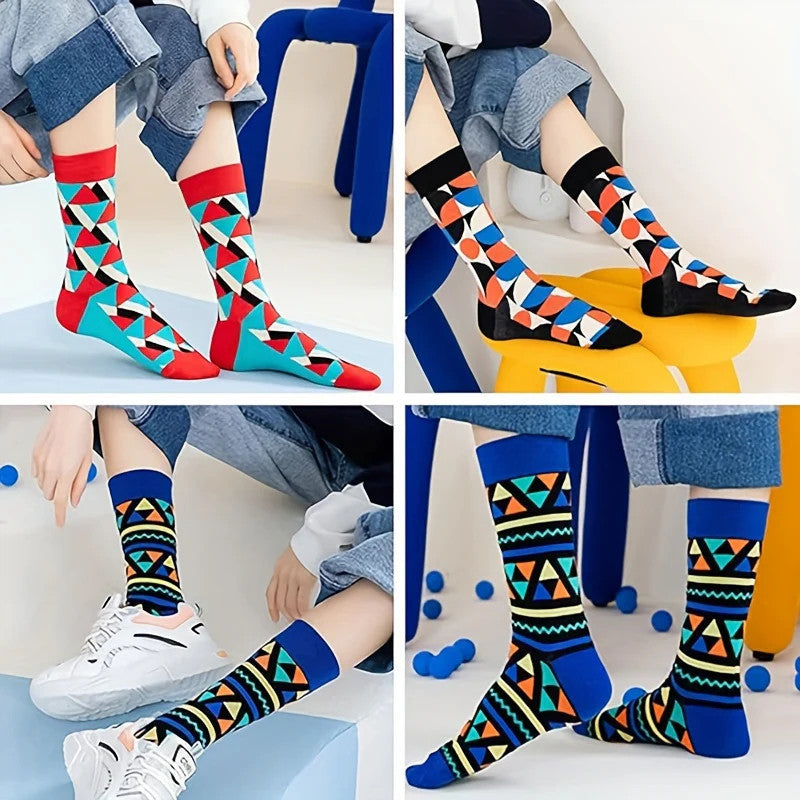6 Pairs Unisex Men Cotton Socks Funny Geometric Trendy Socks Personality And