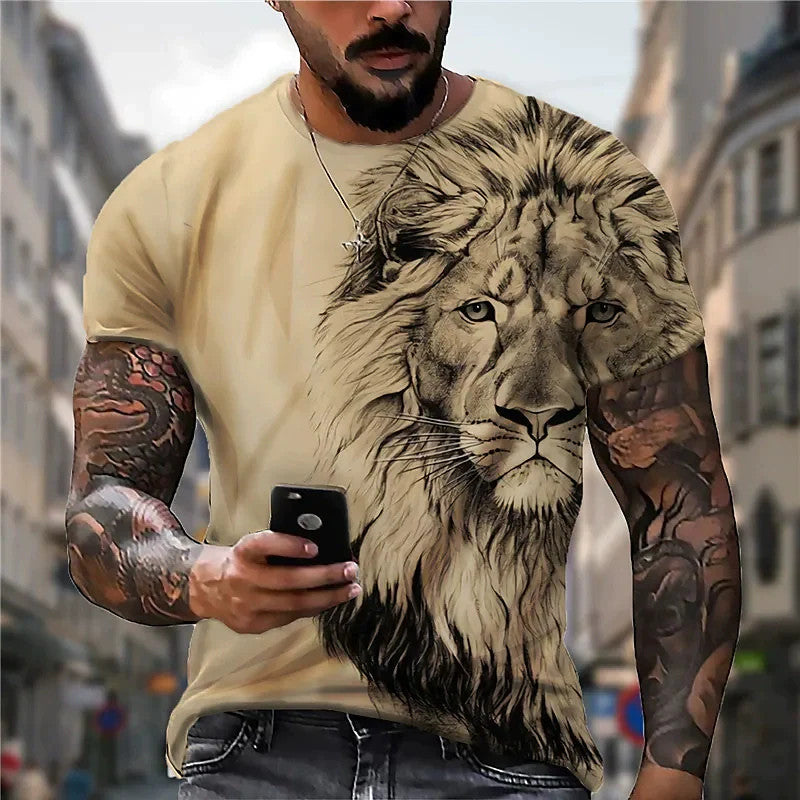 Men's Bold Lion 3D Print T-Shirt - Oversized, Short Sleeve, Crew Neck Tee with