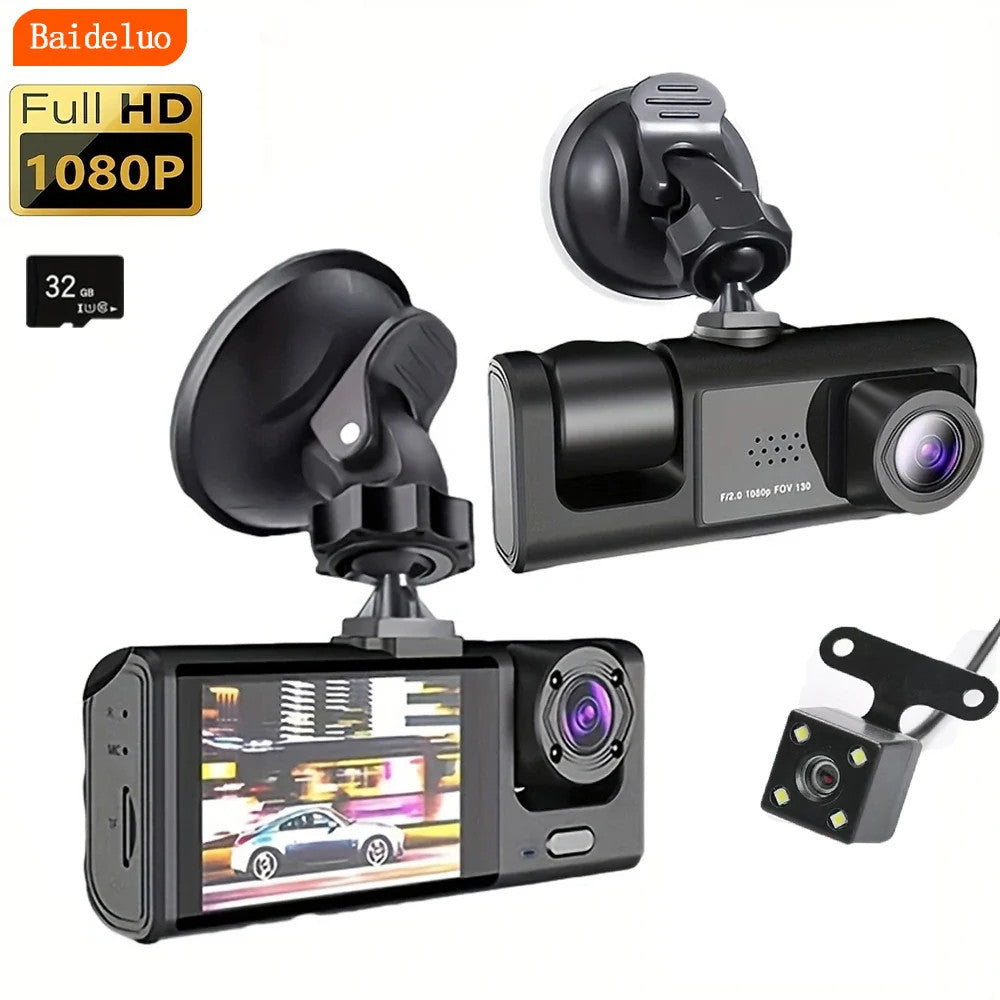 1080P Triple-Camera Dash Cam with IR Night Vision, Loop Recording & 2'' IPS