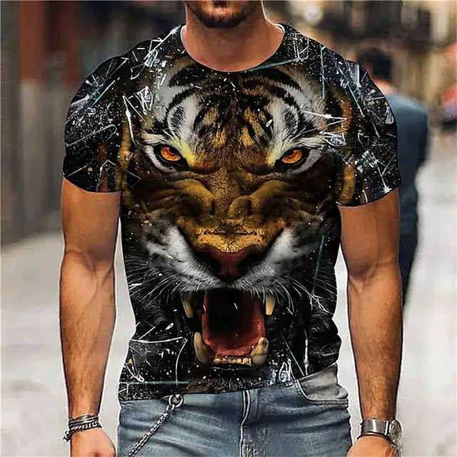 Men's Bold Lion 3D Print T-Shirt - Oversized, Short Sleeve, Crew Neck Tee with
