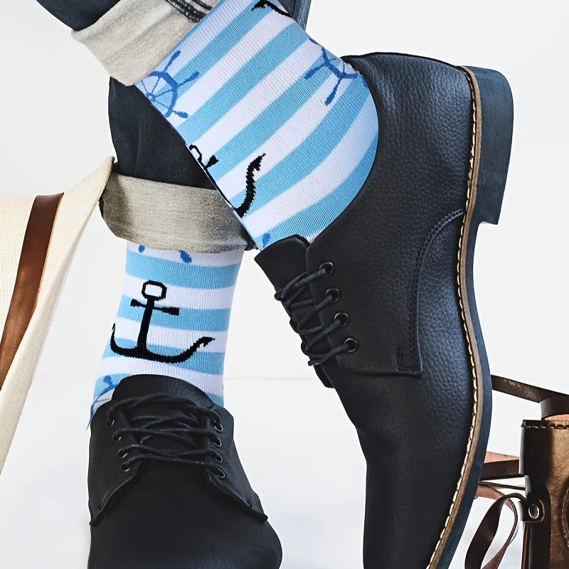 8 Pairs Sailing Socks for Men Boat Nautical Cotton Crew Socks Cruise Navy Gift