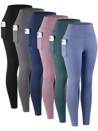 6pcs Women's High-Waisted Leggings - Non-See-Through Pants with Side Pockets,