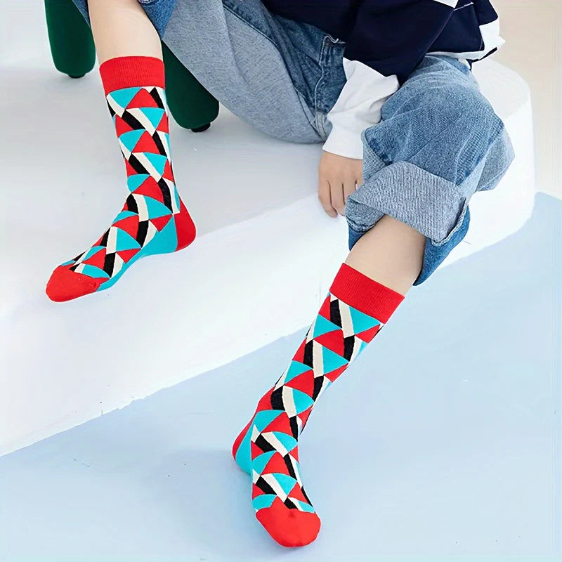 6 Pairs Unisex Men Cotton Socks Funny Geometric Trendy Socks Personality And