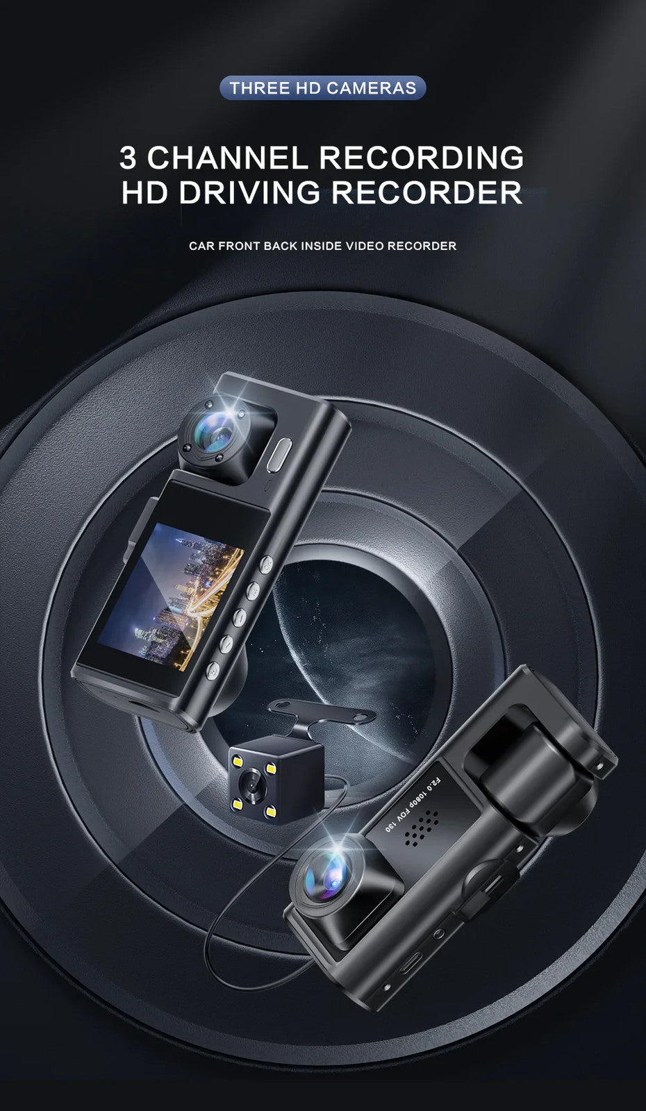 1080P Triple-Camera Dash Cam with IR Night Vision, Loop Recording & 2'' IPS