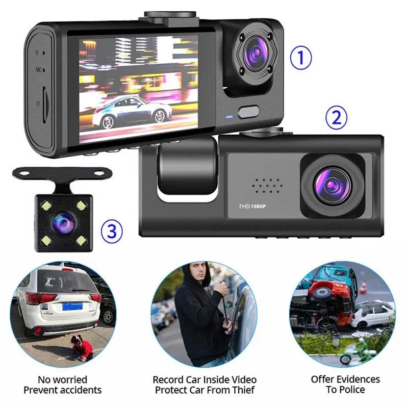 1080P Triple-Camera Dash Cam with IR Night Vision, Loop Recording & 2'' IPS