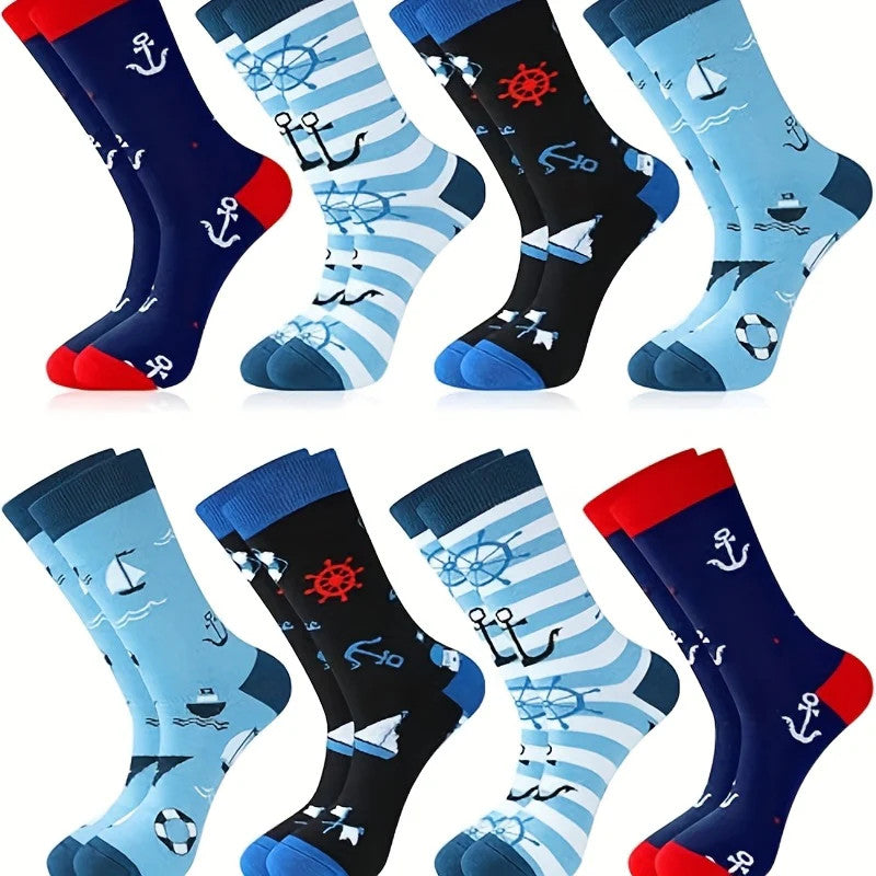 8 Pairs Sailing Socks for Men Boat Nautical Cotton Crew Socks Cruise Navy Gift