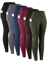 6pcs Women's High-Waisted Leggings - Non-See-Through Pants with Side Pockets,