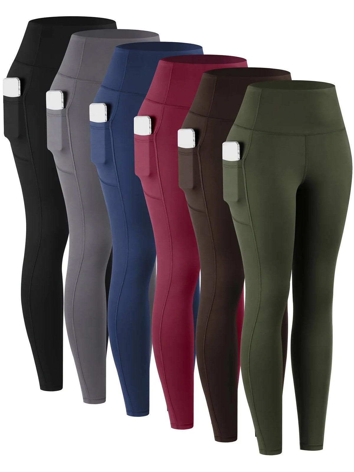 6pcs Women's High-Waisted Leggings - Non-See-Through Pants with Side Pockets,