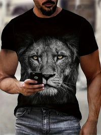 Men'S 3D Lion Graphic T-Shirt - Casual Black Short Sleeve Tee with Realistic