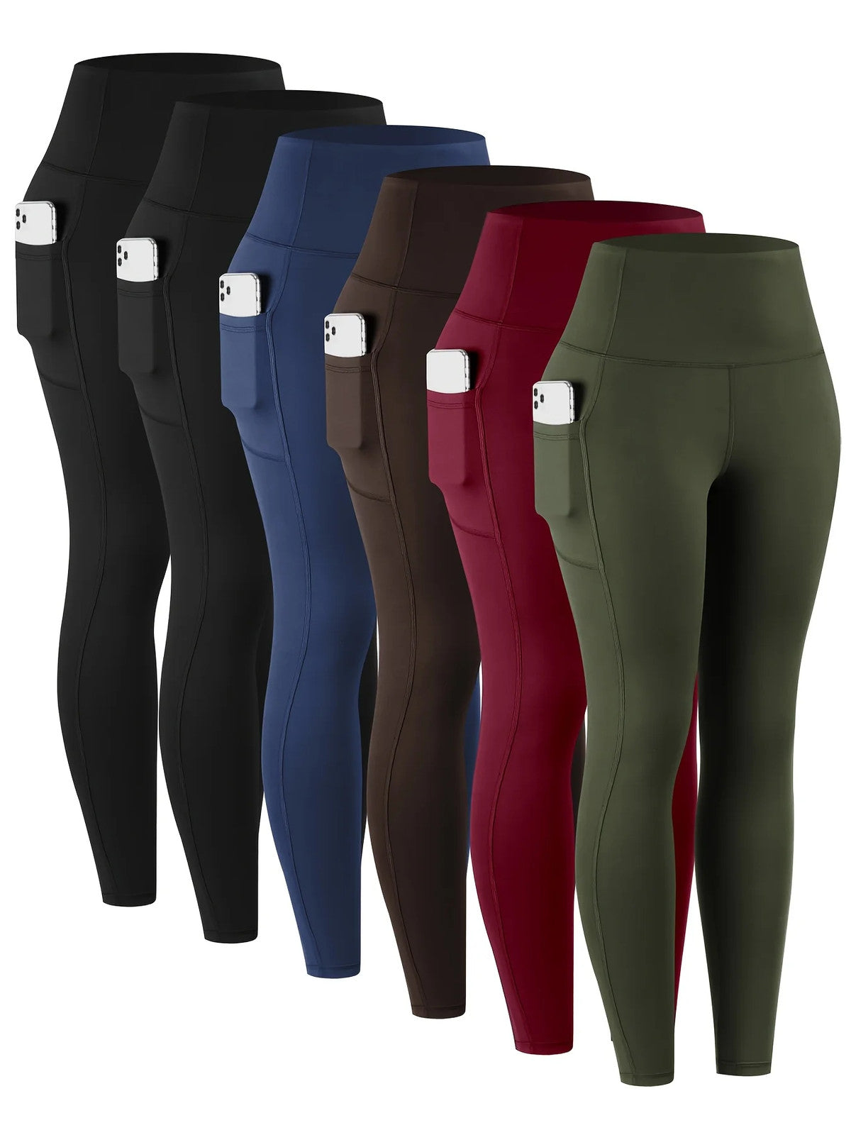 6pcs Women's High-Waisted Leggings - Non-See-Through Pants with Side Pockets,