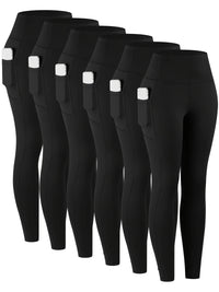 6pcs Women's High-Waisted Leggings - Non-See-Through Pants with Side Pockets,