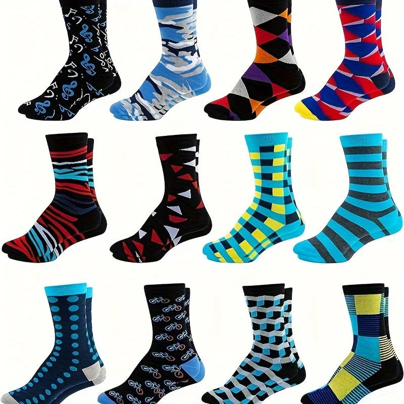6 Pairs Men's Cotton Socks - Assorted Colorful Novelty Stripes, Polka Dots &